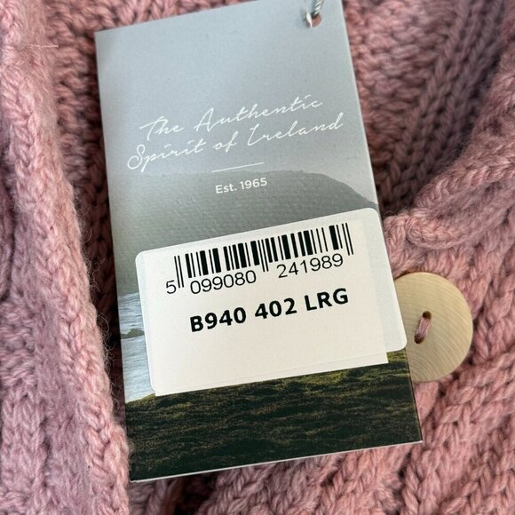 Aran Cardigan Sweater Pink Irish Cable Knit Chunky Ireland Wool Luxury Large - Picture 11 of 13